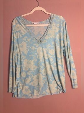 California Dynasty Vintage 80s 90s Pajama Lounge Long Sleeve Lace Trim Size XL